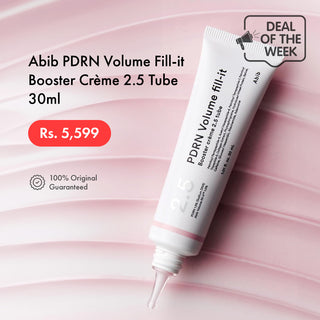 A white squeeze tube of Abib PDRN Volume Fill-it Booster Crème 2.5 Tube, 30ml, shown diagonally on a pink wavy background with promotional text overlays including 'Deal of the Week' and the price 'Rs.