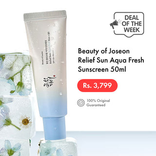 beauty of joseon Sunscreen tube with floral background and promotional text on a white background