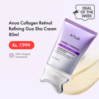 Anua Collagen Retinol Refining Gua Sha Cream 80ml tube shown on a pale lavender background with promotional text, a red price badge, and a smear of cream.