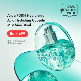 Anua PDRN Hyaluronic Acid Hydrating Capsule Mist Mini 30ml bottle with a clear teardrop-shaped glass body showing turquoise liquid inside, set against a pale teal background with promotional text and a 'Deal of the Week' badge.
