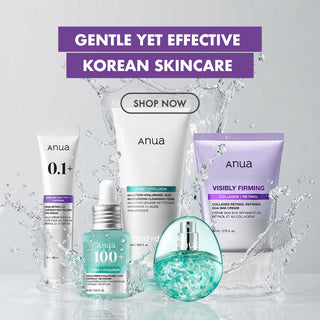 Anua skincare set featuring multiple bottles and tubes arranged in front of a water splash graphic. Visible products include a white tube labeled 0.