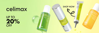 Celimax skincare products with promotional text on a green background