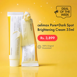 celimax Pore+Dark Spot Brightening Cream packaging on a yellow background with promotional text.