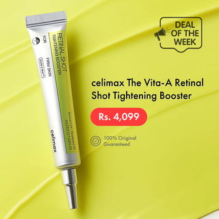 Celimax Vita-A Retinal Shot Tightening Booster on a yellow background with text and logo.