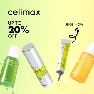 Celimax skincare products with promotional text on a yellow background