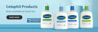 Cetaphil skincare products on a blue background with 'GlowCare' branding.