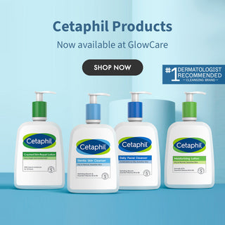 Cetaphil skincare products with promotional text on a blue background