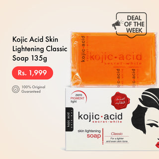 Kojic Acid Skin Lightening Classic Soap packaging with price and deal information on a beige background