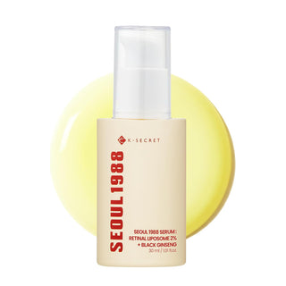 K-SECRET Seoul 1988 Serum bottle with a beige label and white pump, set against a pale yellow circular backdrop on a white background.