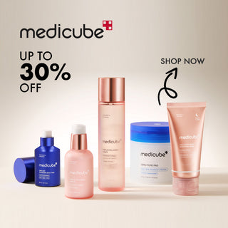Medicube skincare products with promotional text on a light background