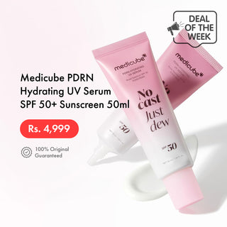 Three tubes of Medicube PDRN Hydrating UV Serum SPF 50+ sunscreen in a pink-to-white gradient, arranged on a white background with promotional text and a 'Deal of the Week' badge.