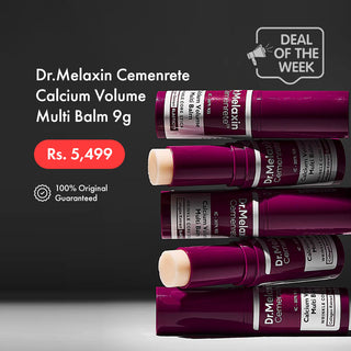 Dr. Melaxin Cemenrete Calcium Volume Multi Balm 9g with promotional text on a dark background