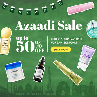A promotional banner for an 'Azaadi Sale' featuring various skincare products from brands like Medicube, Anua, and Arencia, set against a green background with a Pakistani flag pattern and a yellow 'SHOP NOW' button.