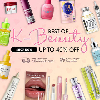 Promotional image of K-Beauty products with text on a pink background