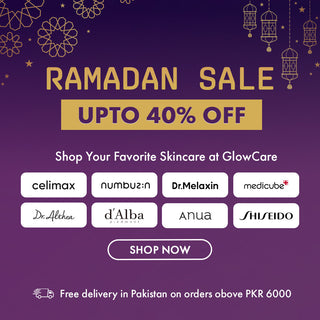 Promotional graphic for Ramadan sale with skincare brand names on a purple background