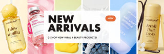 A promotional banner collage for medicube beauty products, featuring a yellow Glow Vanilla bottle, a pink bottle labeled Fresh That Lasts, and other new arrivals with large text reading 'NEW ARRIVALS' and 'SHOP NEW VIRAL K BEAUTY PRODUCTS!'.
