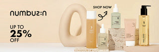 Numbuzun skincare products with promotional text on a beige background