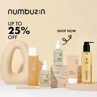 Cosmetic products with 'numbuzin' branding and promotional text on a beige background