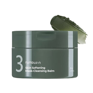 Green jar of numbuzin 3 Skin Softening Mask-Cleansing Balm with a green mask on a white background