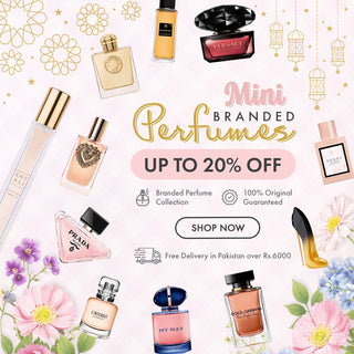 Promotional banner for mini branded perfumes with various perfume bottles and flowers on a light background.