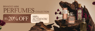 Promotional banner for a Branded Mini Perfumes Collection, featuring several perfume bottles arranged on rustic wood logs against a warm beige background with a 'Get up to 20% OFF' and '100% Authentic Guaranteed' offer.