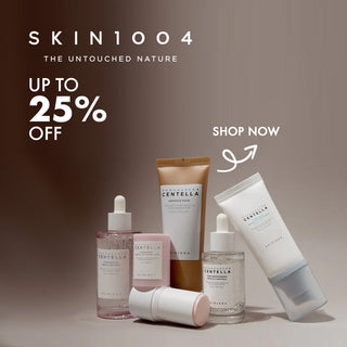 SKIN1004 skincare products with promotional text on a gradient background