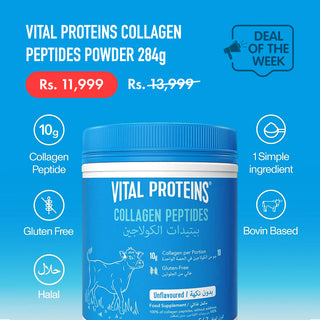 Vital Proteins Collagen Peptides powder container with promotional text on a blue background