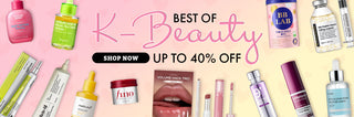 Promotional banner for K-Beauty products with various cosmetic items on a pink background.