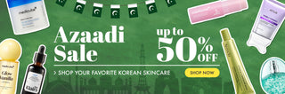 A promotional banner for an 'Azaadi Sale' featuring various skincare products from brands like Medicube, Anua, and Arencia, set against a green background with a Pakistani flag pattern and a yellow 'SHOP NOW' button.